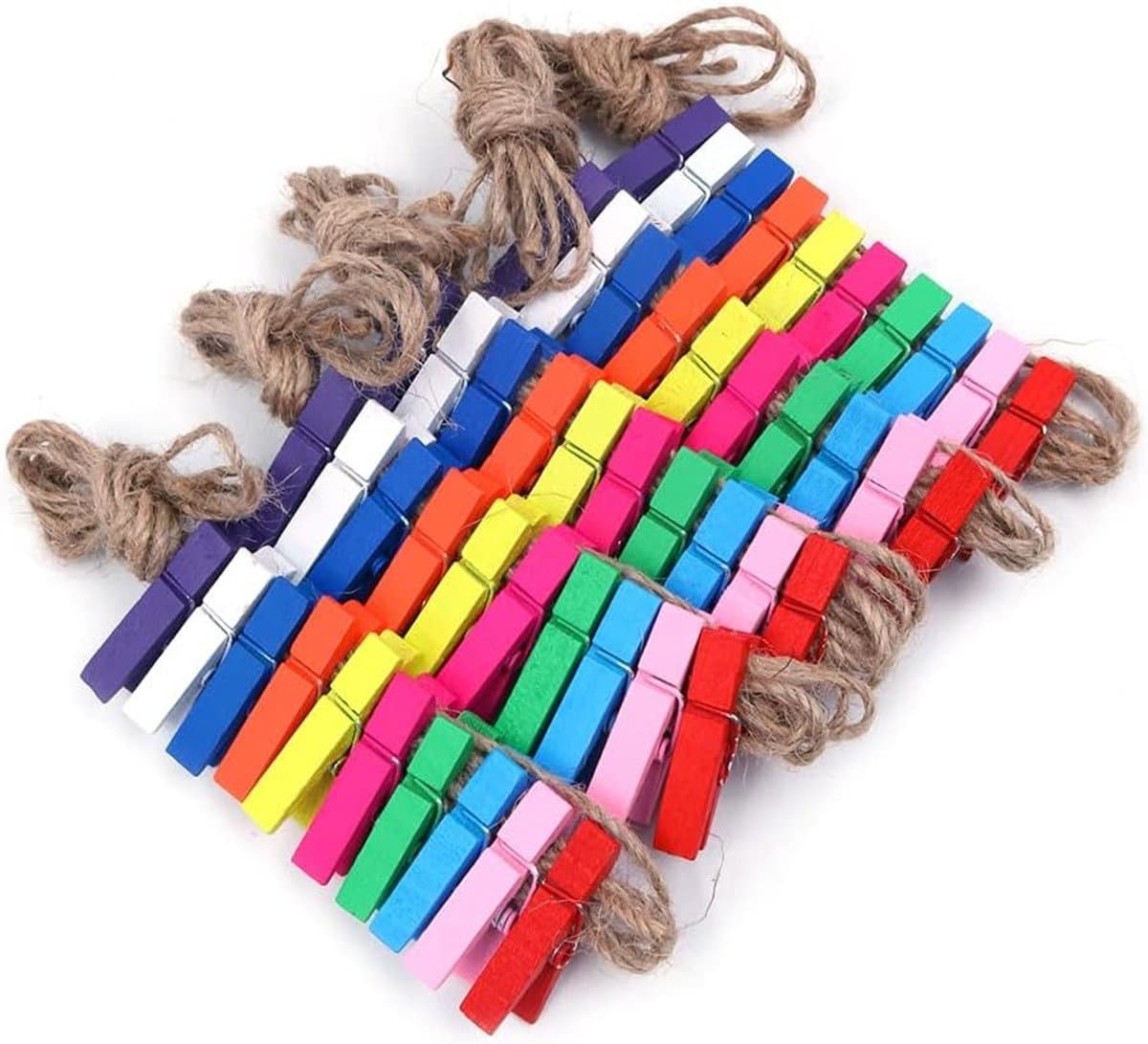 50 houten wasknijpers van 1,3 inch met 2 meter jute touw voor knijpers, decoratie en hobbygebruik — afbeelding 1