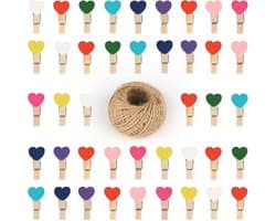 100 stuks mini houten hartknijpers - 3,5 cm en 30 m jute koord voor kunst en ambachten, bruiloften en evenementen