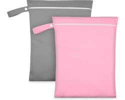 2 Stuks Wet Bags, Waterdicht Waszak met Handvat & Rits,Herbruikbare Stoffen Luier Natte Zak,Natte Dry Bag voor Natte Zwemkleding, Sportschool, Strand(Grijs & Roze)