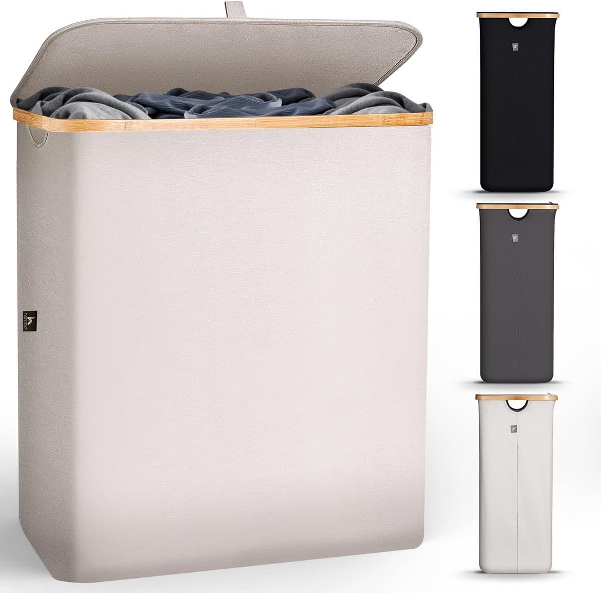 Grote Wasmand met Deksel - Beige - 140L Inhoud - Dubbele Compartimenten - Voor Badkamer en Slaapkamer — afbeelding 1