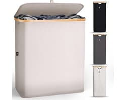 Grote Wasmand met Deksel - Beige - 140L Inhoud - Dubbele Compartimenten - Voor Badkamer en Slaapkamer