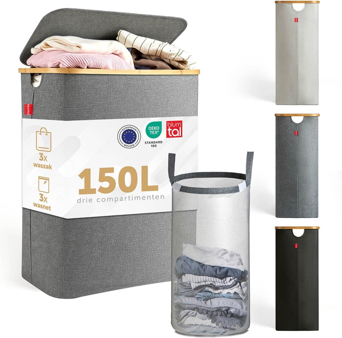 Blumtal Wasmand 150L - Wasmand met 3 uitneembare waszakkken - Wasmand met 3 vakken - Smalle wasmand - Flesverzamelaar - Wasmand met deksel - Grijs — afbeelding 1