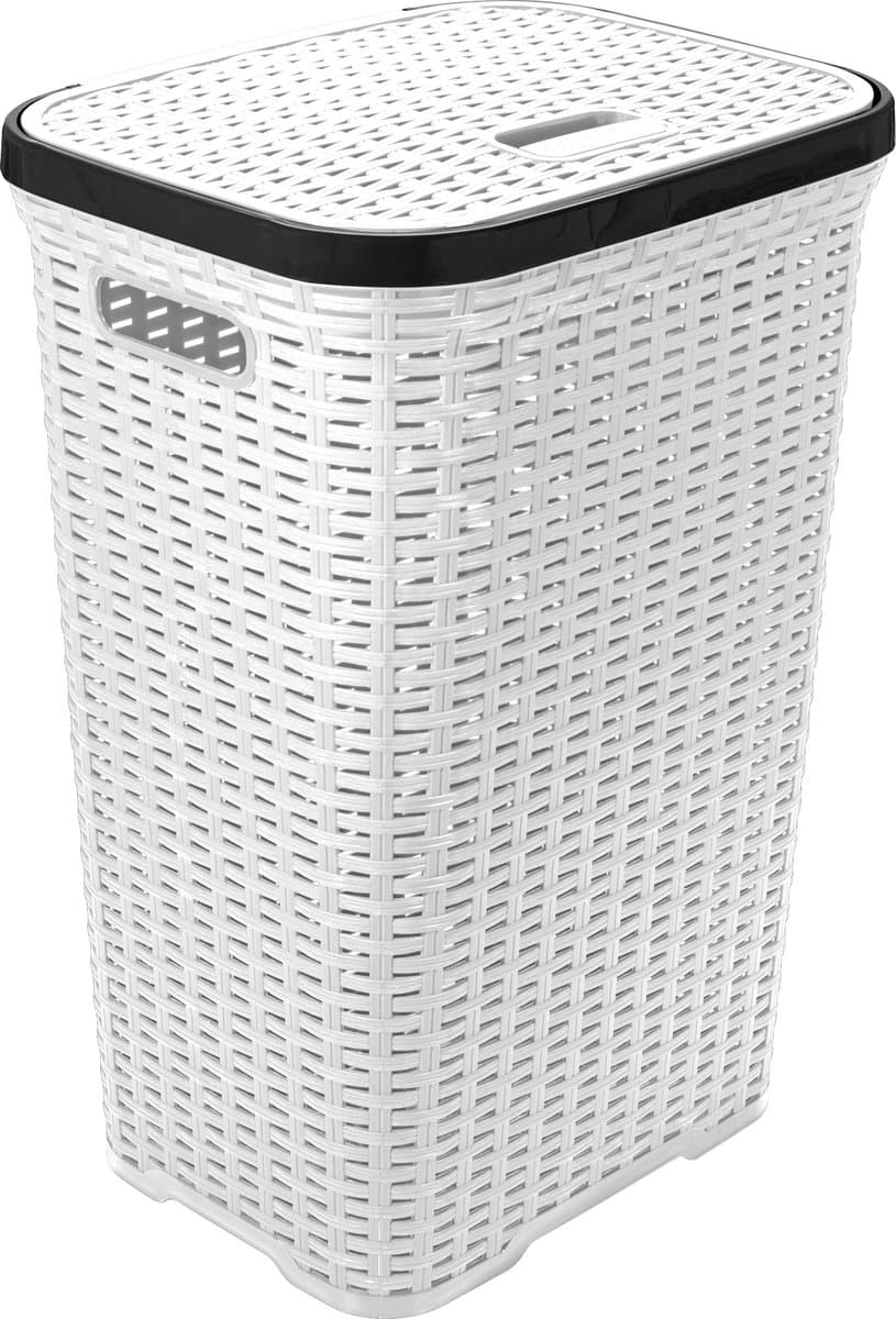 Hega Hogar Wasmand met deksel Rotan - wit - gevlochten kunststof - 60 liter - 34 x 43 x 62 cm — afbeelding 1