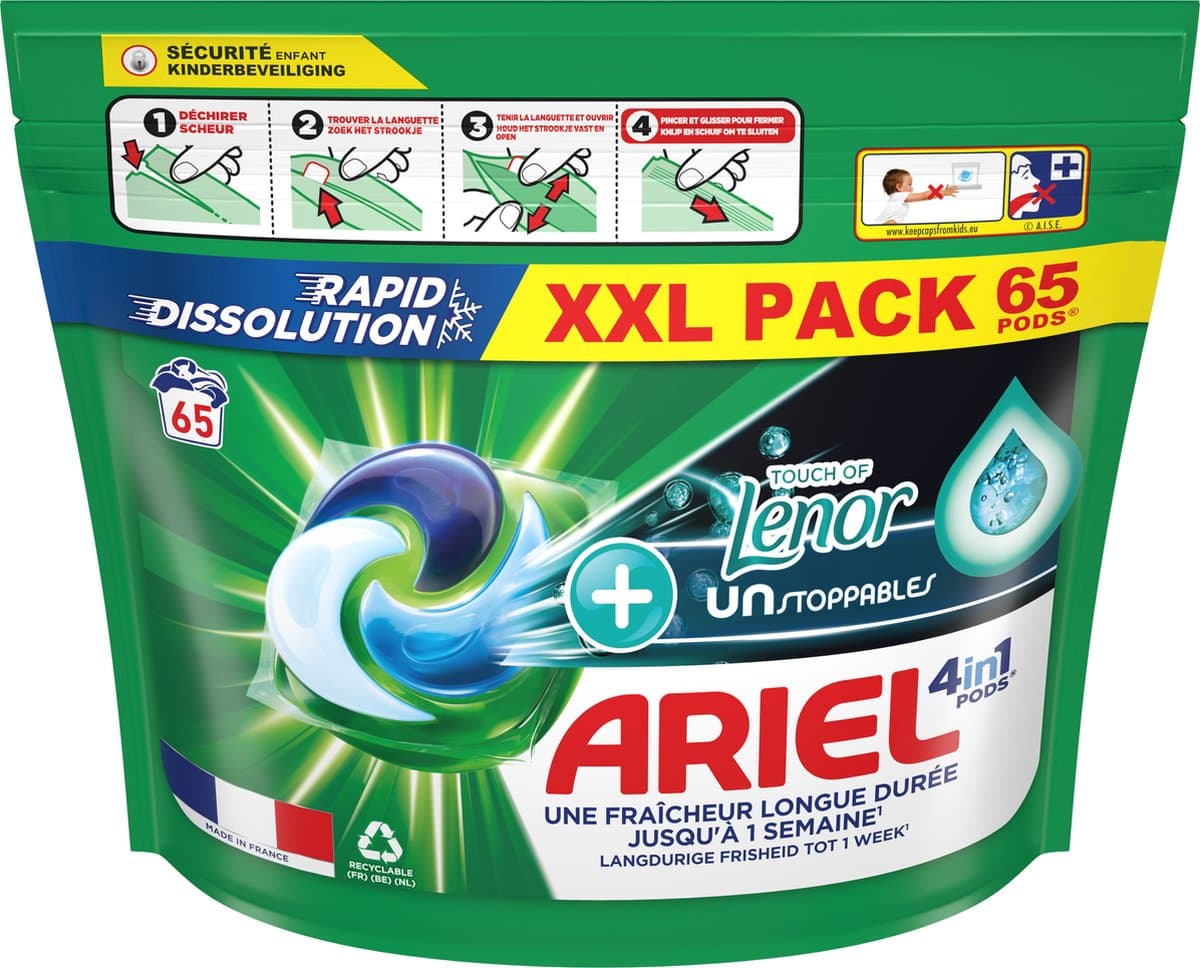 Ariel 4in1 Wasmiddel Pods +Touch Van Lenor Unstoppables - 65 Wasbeurten — afbeelding 1