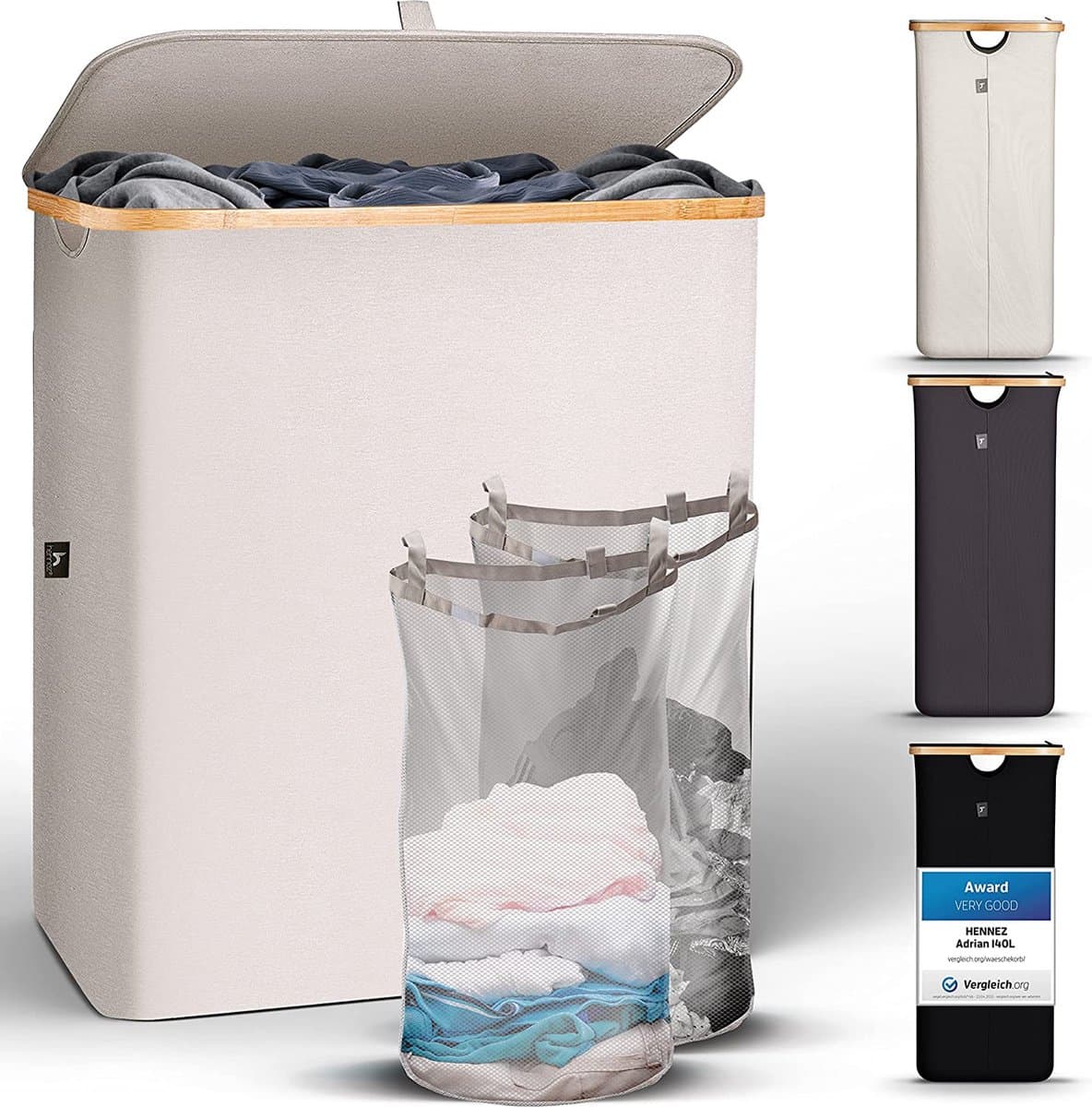 HENNEZ Wasmand met deksel van 140L opvouwbaar met scheiding en een bamboe frame - inclusief waszak - beige — afbeelding 1