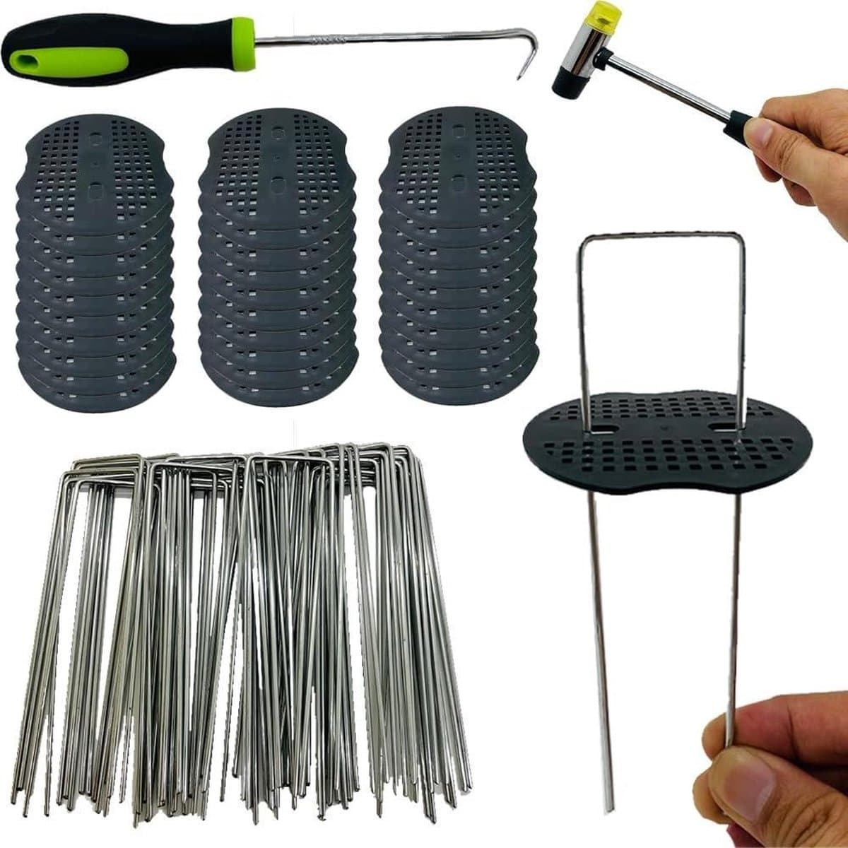 Stalen haringen set voor bevestiging onkruidvlies en kunstgras - 50 grondankers + 50 bufferschijven 150 x 40 mm Ø 25 mm — afbeelding 1