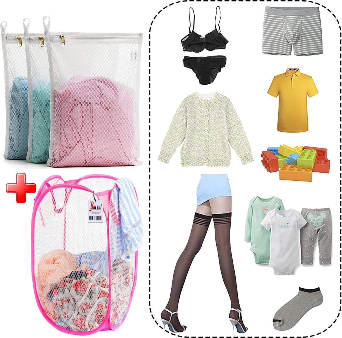 Borvat® | 3X Waszak 40 x 30 cm + wasmand | 3X Laundry Bag 40 x 30 cm + laundry basket | — afbeelding 1