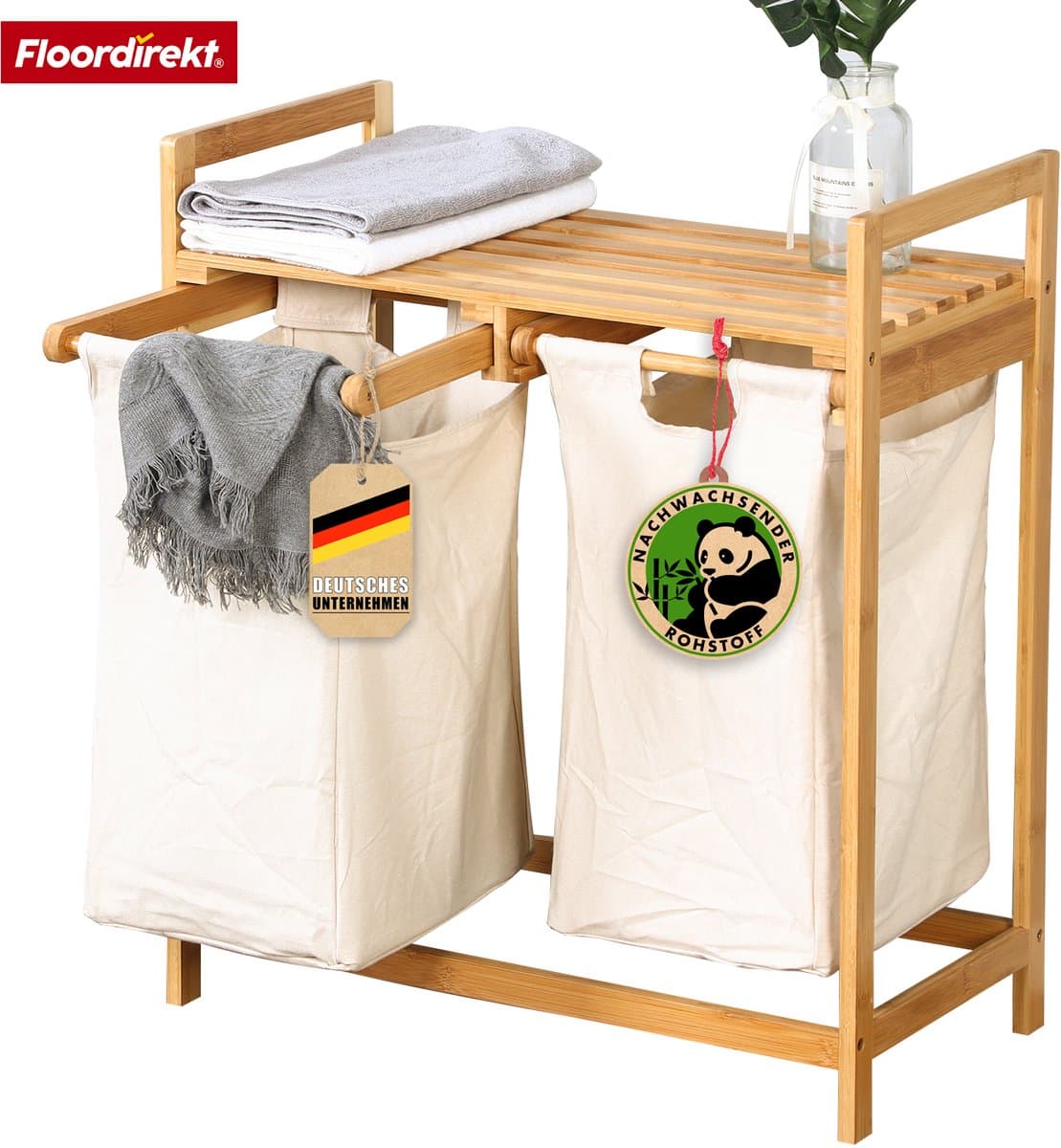 FLOORDIREKT Dakota Wasmand van Bamboe - Wasverzamelaar met 2 Vakken - Wasmand voor Vuile Was - Houten Wassorteerder met grote wasbox — afbeelding 1
