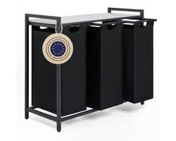 Blumtal Wasmand met 3 vakken - Wasmand met betonlook plank - Metalen frame - Wasmand met poten - Zwart