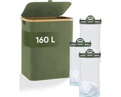 DARI. - Wasmand 3 vakken - Wassorteerder - 160L - met 3 uitneembare zakken - wasmand - groen - knopen — afbeelding 1