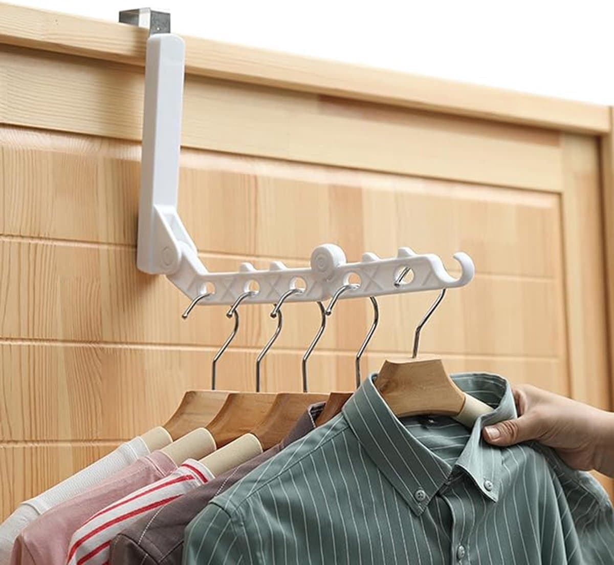 Reiskledingrek, kledingrek om achter de deur te hangen, ruimtebesparend kledingrek, uittrekbaar wandrek met haken, ideaal voor kamperen, vakantie, binnen, hotel en buiten. Set van 2. — afbeelding 1