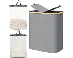 Wasmand met Deksel, 2 Compartimenten en Verwijderbare Waszakken, Vouwbare en Waterdichte Wasbox voor Badkamer, Slaapkamer en Wasruimte, Ruime Inhoud en Duurzaam Ontwerp
