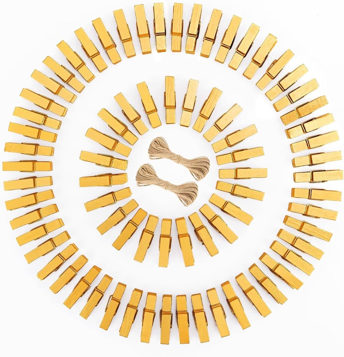 Gouden Houten Wasknijpers 3,5 cm - 100 Stuks Foto Clips met 20 m Jute Touw voor Ambachten, Bruiloften en Feestdagen — afbeelding 1