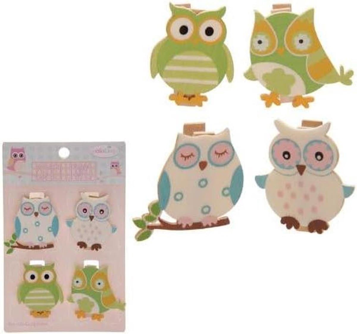 Houten Uil Klemmen - Decoratie Clips - Foto's Ophangen - Set van 4 - 3.5 cm Hoog - Multicolor — afbeelding 1