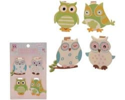Houten Uil Klemmen - Decoratie Clips - Foto's Ophangen - Set van 4 - 3.5 cm Hoog - Multicolor