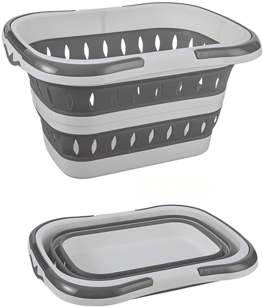 Opvouwbare plastic wasmand – Drievoudig opvouwbaar – Inklapbaar – Pop-up opbergmand – Met ventilatiegaten – Ruimtebesparend – Geschikt voor slaapkamer, woonkamer en algemeen gebruik – 28,3 x 20 x 15 cm – Grijs — afbeelding 1