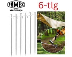 FAMEX Tentharingen Grondankers van Staal 6 Stuks, Robuuste Bodemankers voor Tenten, Partytenten, Zonnedoeken, Camping & Outdoor