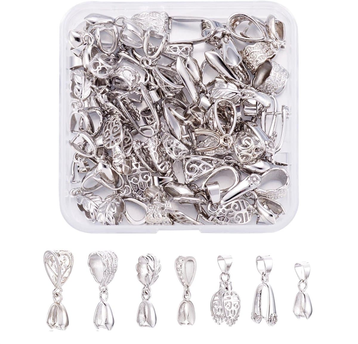 Dailygoods- Kraal 48 Stuks - Knijpsluiting - Hangers - Zilveren Connector - Sieraden Maken - Inclusief Opbergdoos - 8 Stijlen — afbeelding 1