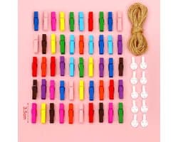 Houten wasknijpers - Mini knijpers - Foto's ophangen - Met jute koord - 50 stuks - Kleurrijk