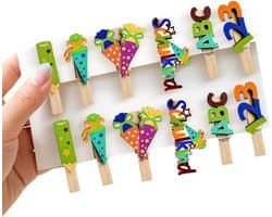 Houten Knijpers - Kleurrijke Clips - Decoratie Foto's - Uniek Motief - 12 Stuks - Multicolor