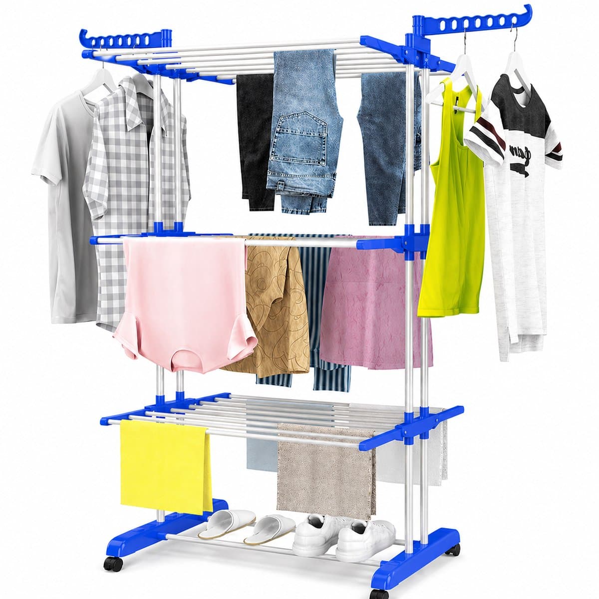 Somstyle Wasrek Inklapbaar - 170 x 75 x 64 CM - Droogrek - Droogtoren met Wieltjes - Blauw / Wit — afbeelding 1