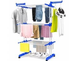 Somstyle Wasrek Inklapbaar - 170 x 75 x 64 CM - Droogrek - Droogtoren met Wieltjes - Blauw / Wit