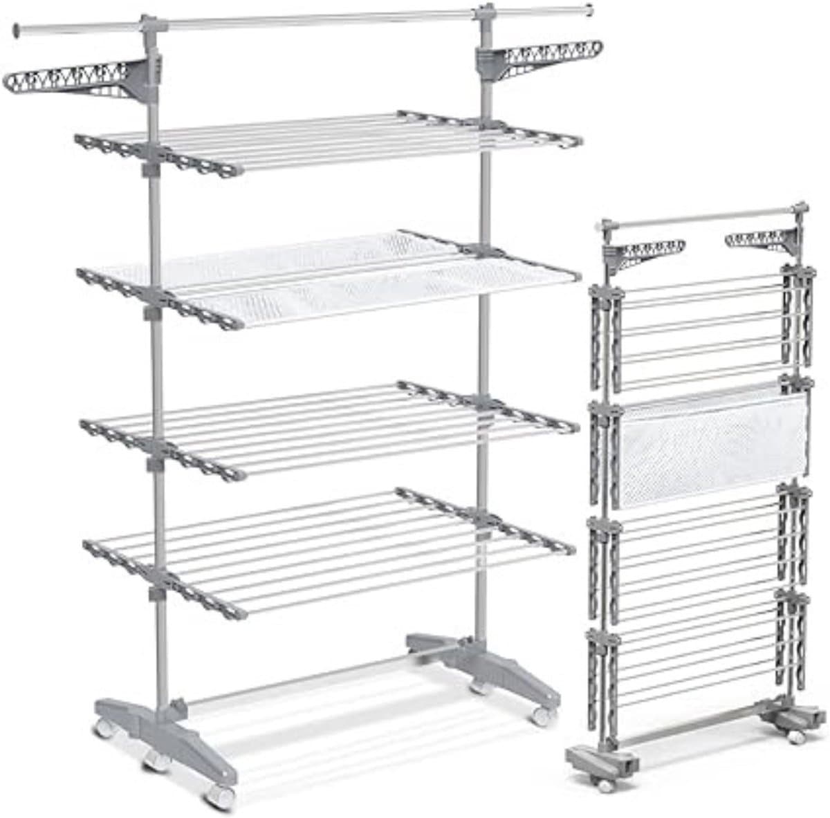 QIN® Droogtoren 4 Verdiepingen - Droogtoren - Droogrek - met Wielen en Net - 66x165x177cm - Grijs - 56cm x 175cm x 165cm — afbeelding 1