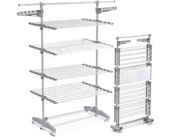 QIN® Droogtoren 4 Verdiepingen - Droogtoren - Droogrek - met Wielen en Net - 66x165x177cm - Grijs - 56cm x 175cm x 165cm