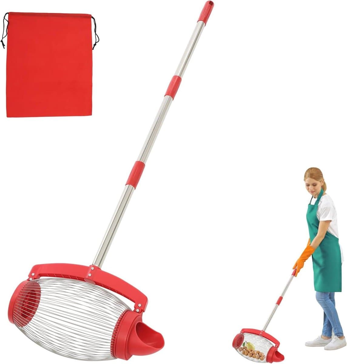 Notenverzamelaar Met Opbergzak - Fruitplukker Rolbal - Buiten Verzamelwerk - Verstelbare Lengte - 15 Liter - Zilver Rood — afbeelding 1