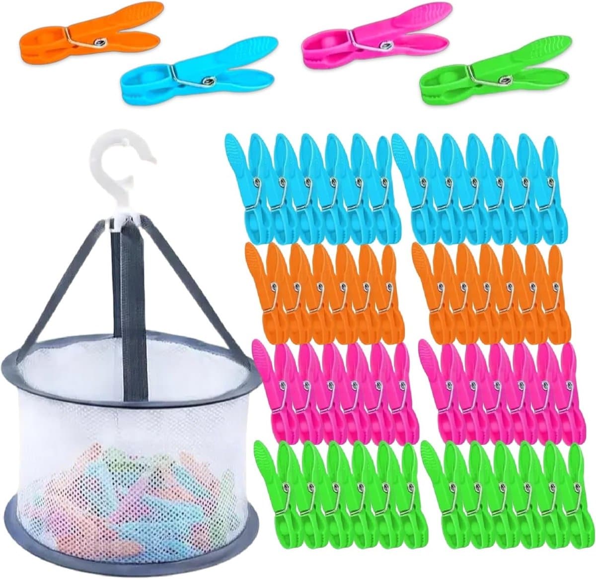 Vierkleurige wasknijpers met ritssluiting en opbergmand, multifunctioneel voor huishouden en reizen, ideaal voor handdoeken en kleding. — afbeelding 1