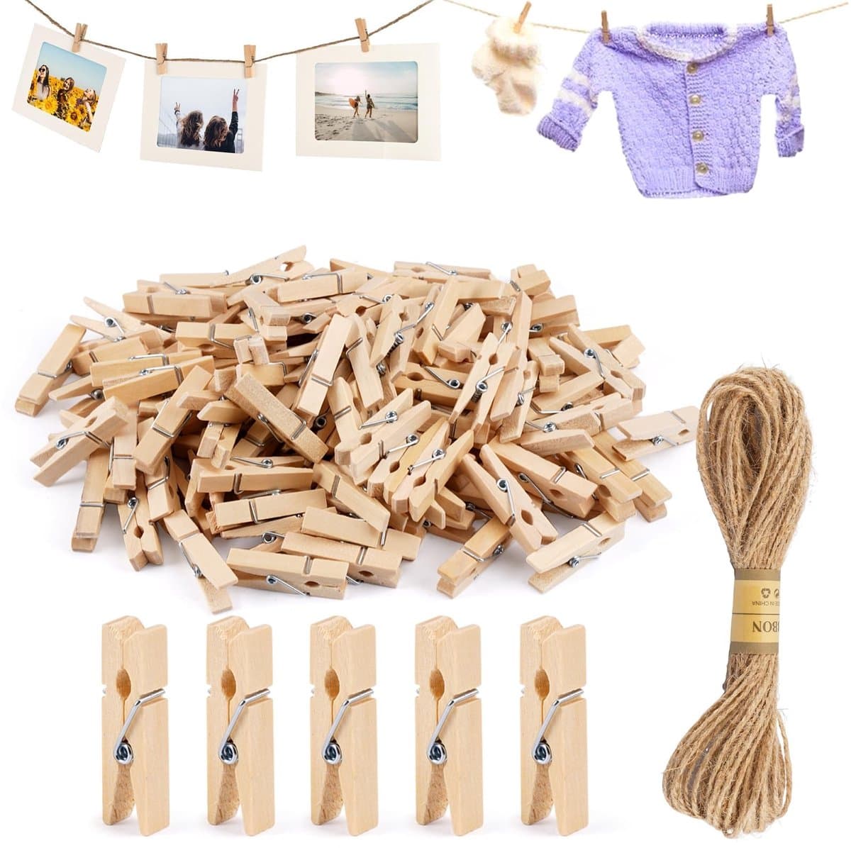 Dailygoods- Wasknijpers 150 Stuks - Kleine Houten Knijpers 3.5cm - Draagbare Knijpers voor Kleding/Foto's - Jute Touw 10m - Perfect voor Decoratie — afbeelding 1