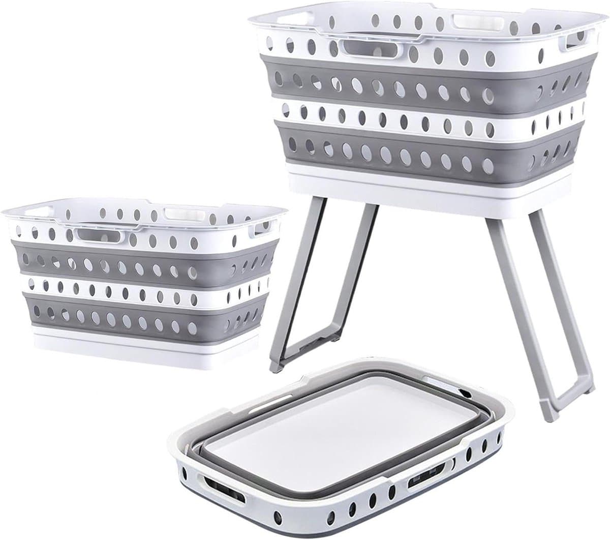 Wasmand Opvouwbaar - Kledingmand Standaard - Wassen Organiseren - Kantelvaste Constructie - 41x8x60 cm - Wit — afbeelding 1