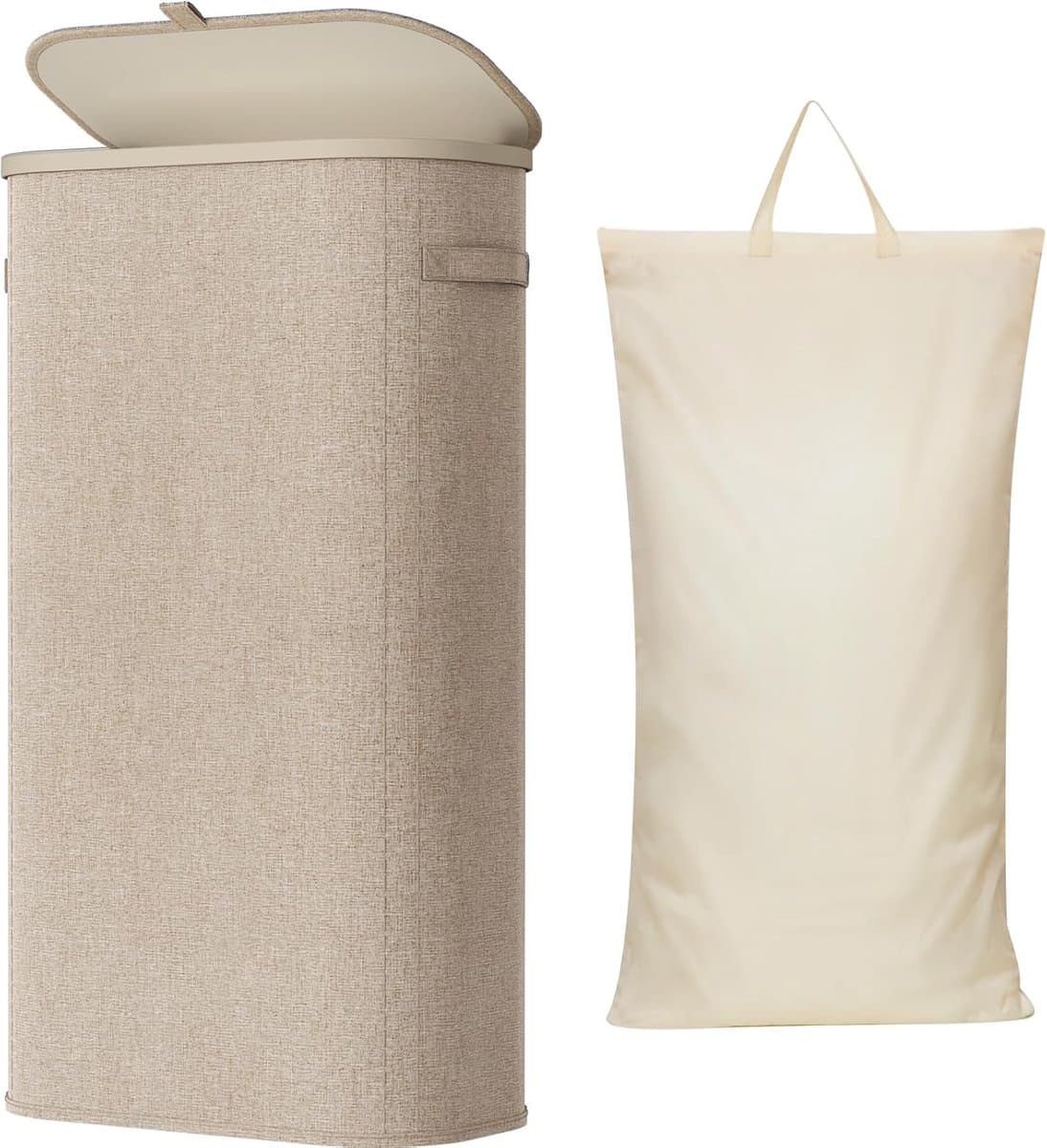 Smalle Wasmand 75L met Deksel – Opvouwbare Wassorteerder met Kunststof Frame – Grote Wasverzamelaar voor Slaapkamer & Badkamer – Beige — afbeelding 1
