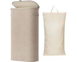Smalle Wasmand 75L met Deksel – Opvouwbare Wassorteerder met Kunststof Frame – Grote Wasverzamelaar voor Slaapkamer & Badkamer – Beige