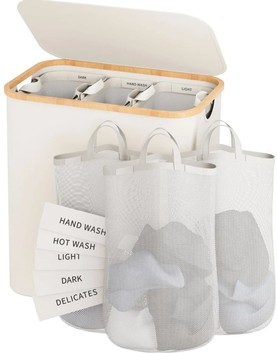 Novendo Goods - Wasmand 160L met 3 vakken - Slanke wasmand met uitneembare waszak - Was sorteerder met handgrepen voor badkamer en slaapkamer — afbeelding 1