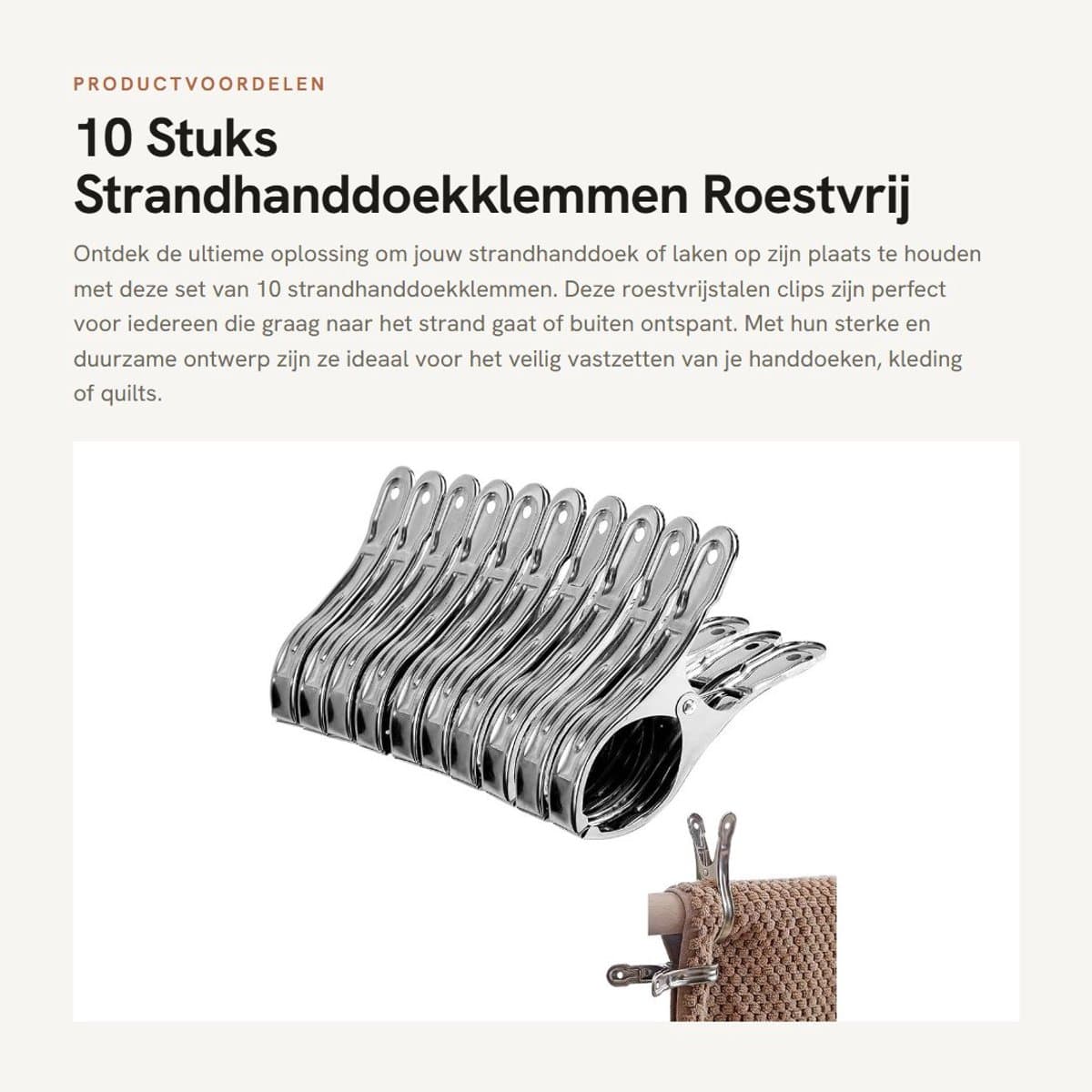 Dailygoods- Strandhanddoekklemmen 10 Stuks - Roestvrij Staal - Handdoek Clips - Duurzaam - Sterke Klemkracht - Compact Formaat - Handdoekclips — afbeelding 1