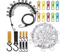 2 Stuks Draagbare Wastlijn met 10 Extra Clips + 8 Leren Haken Set, Reiswastlijn met 12 Klemmen & 13 Bevestigingsbogen, Camping Wastlijn voor Kamperen, Tuin, Balkon, Camper (Zwart/Wit)