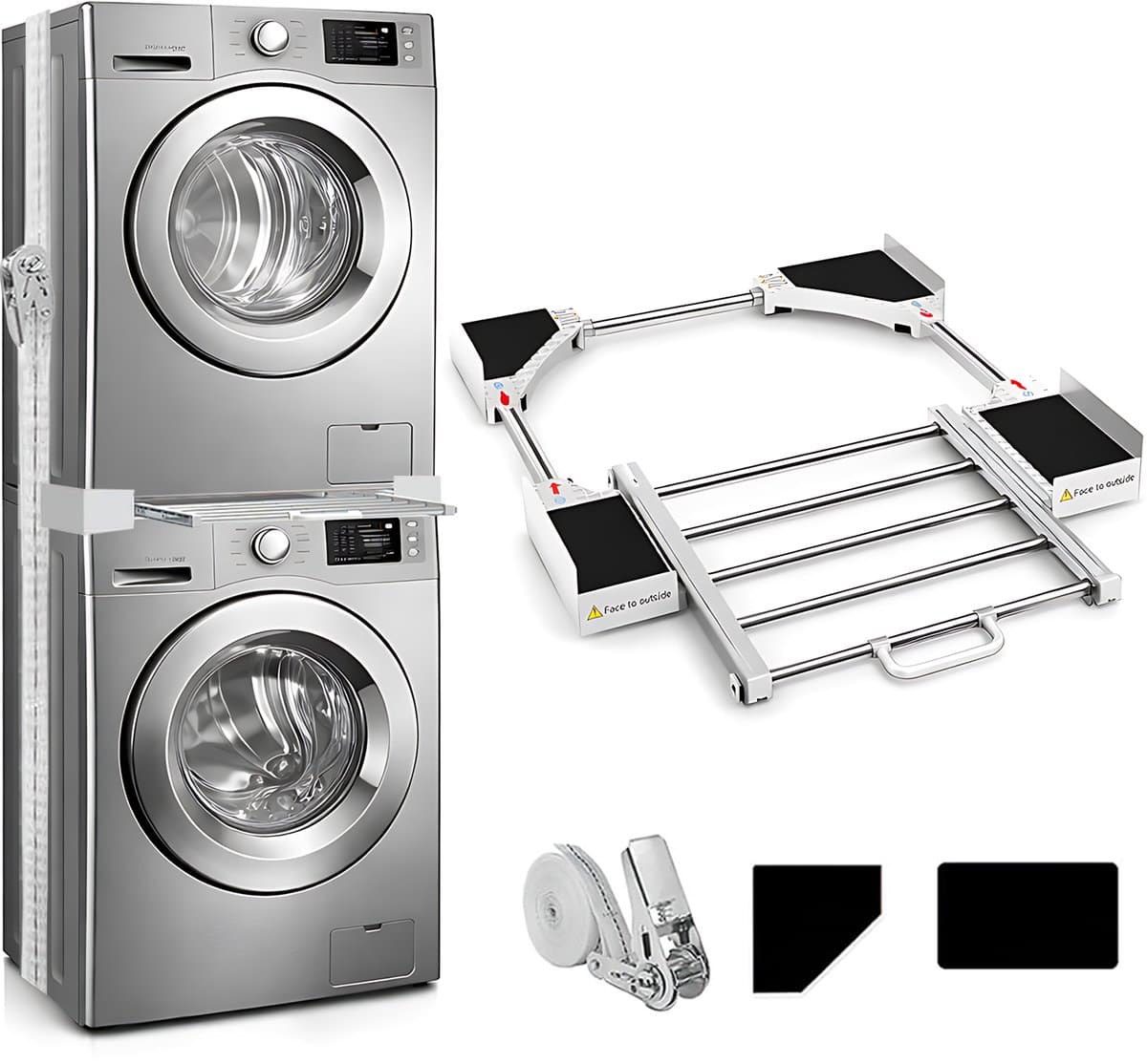 Universele Wasmachine Droger Stapelset - Verbindingsset voor Wasmachine en Wasdroger - Ruimtebesparende Stapelkit met Spanband en Antislip Pads - Geschikt voor Apparaten van 46 tot 66 cm Breed en Diep - Wit — afbeelding 1