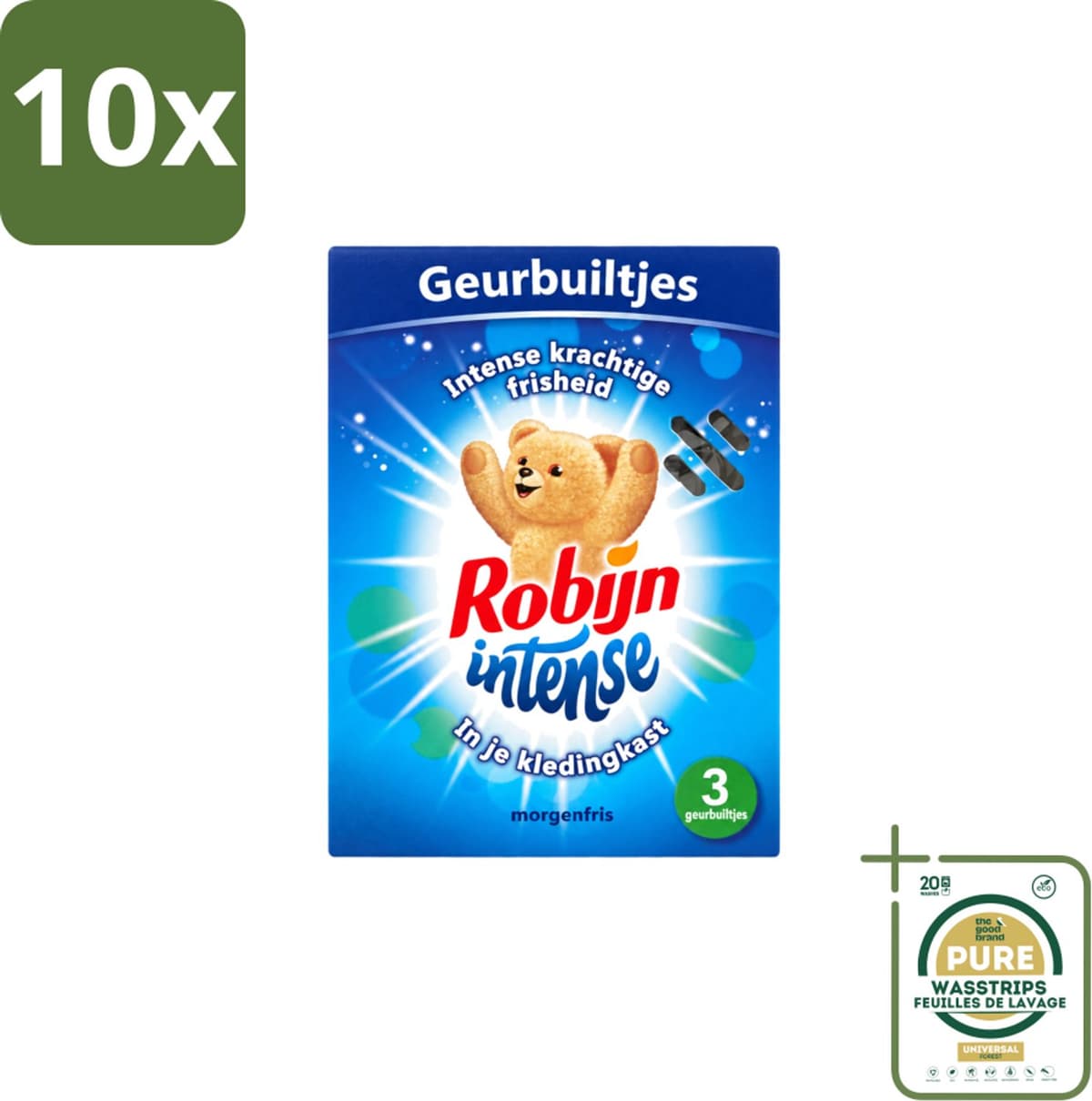 10 x Robijn - Intense - Geurbuiltjes - Langdurige Geur - Intense Frisheid - 3 Geurbuiltjes - Wasstrips - Geur In Kleding - Langdurige Geur - Frisse Geur - Geurbuiltjes - Kledingkast Geur — afbeelding 1