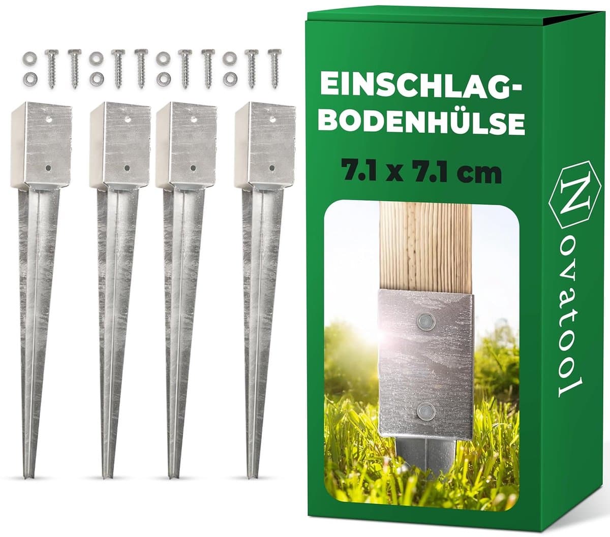 Novatool 4x grondhulsset 71x71x750 mm, grondhuls parasolpaalsteunen schuttingpaal houten paal grondhulzen inslaghuls grondanker grondpen om in te slaan, verzinkt, met schroeven — afbeelding 1