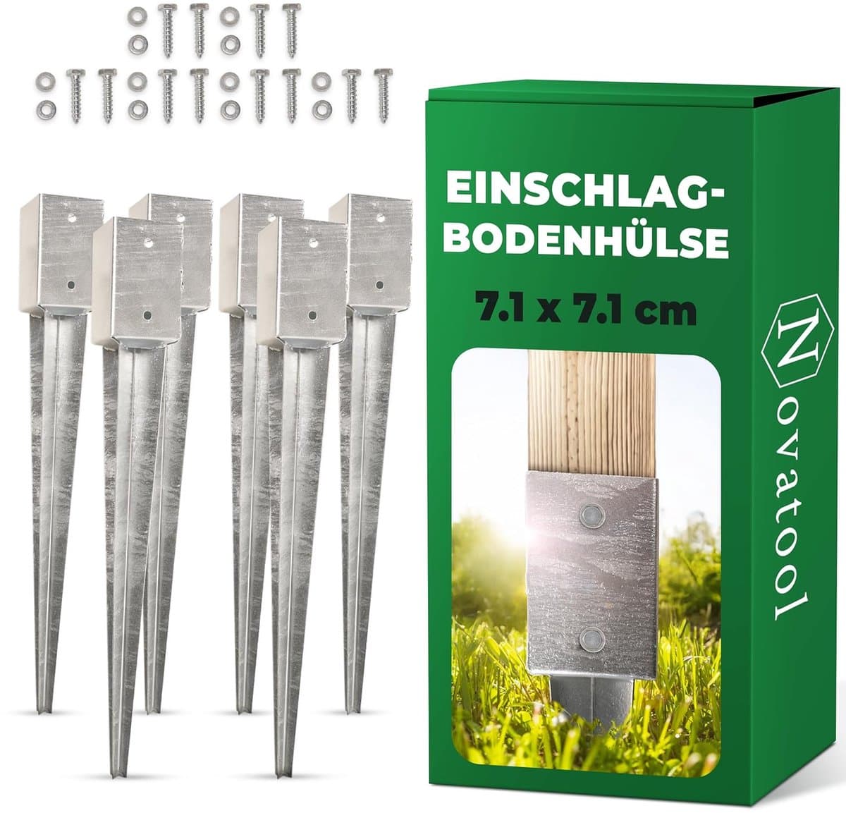Novatool 6x Grondhulsset 71x71x750 mm, Grondhuls Parasolpaalsteunen Hekpaal Houten paal Grondhulzen Inslaghuls Grondanker Grondpen voor inslaan, Verzinkt, met schroeven — afbeelding 1