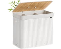 SONGMICS - Wasmand met deksel - 3 compartimenten - 170 liter - 70 x 40 x 61 cm - bamboe - met handgrepen - wit