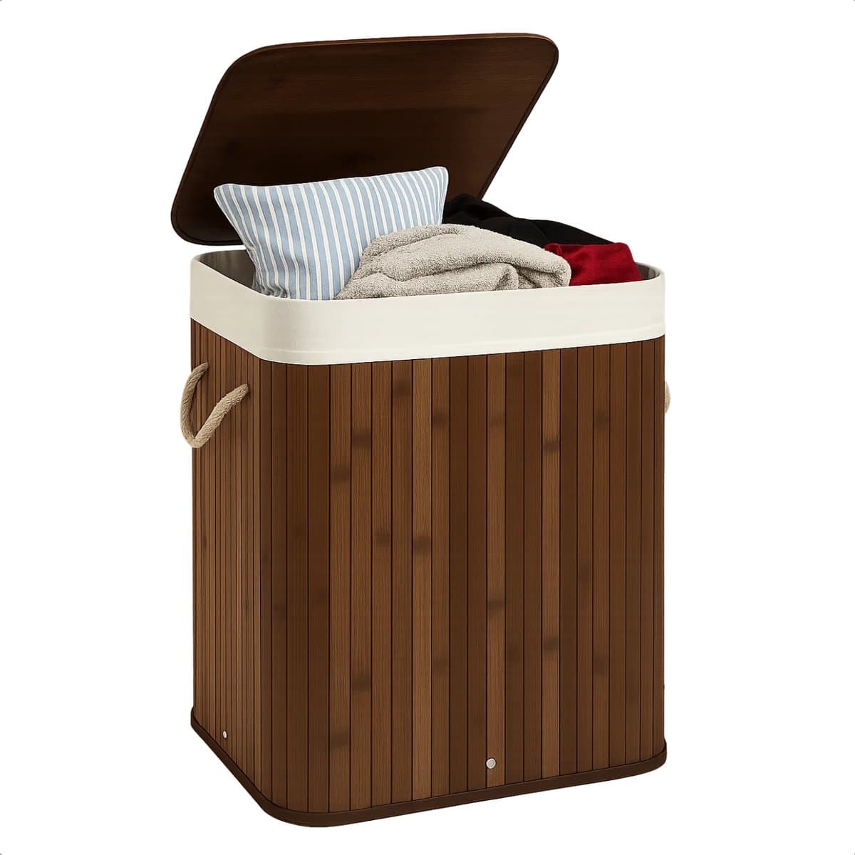 Lomera Bamboe Wasmand - Wasmand Met Deksel - 72 Liter Capaciteit - Opvouwbare Wasmand - Draaghengsels - Afneembaar Deksel - Natuurlijke Bruine Kleur - Verstevigde Metalen Ring - Uitneembare Waszak - Wasbare Binnenzak — afbeelding 1
