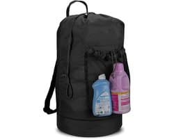 Rugzak waszak, wasrugzak met schouderbanden en netvakken, reistas voor buitensporten, duurzame nylon wasmand met trekkoordsluiting, waterdichte opbergtas voor universiteit, reizen, wasserette, appartement, zwart