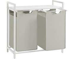 VASAGLE - Wasmand 92 liter - 2 compartimenten - met plank - oxford stof - 2 x 46 liter - 73 x 33 x 72 cm - wit