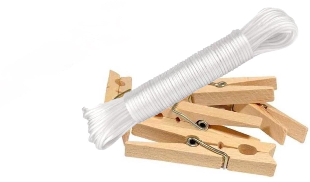 Set waslijn met een haak + 50 wasknijpers - Drooglijn - Waslijndraad - Wit - 20 m — afbeelding 1