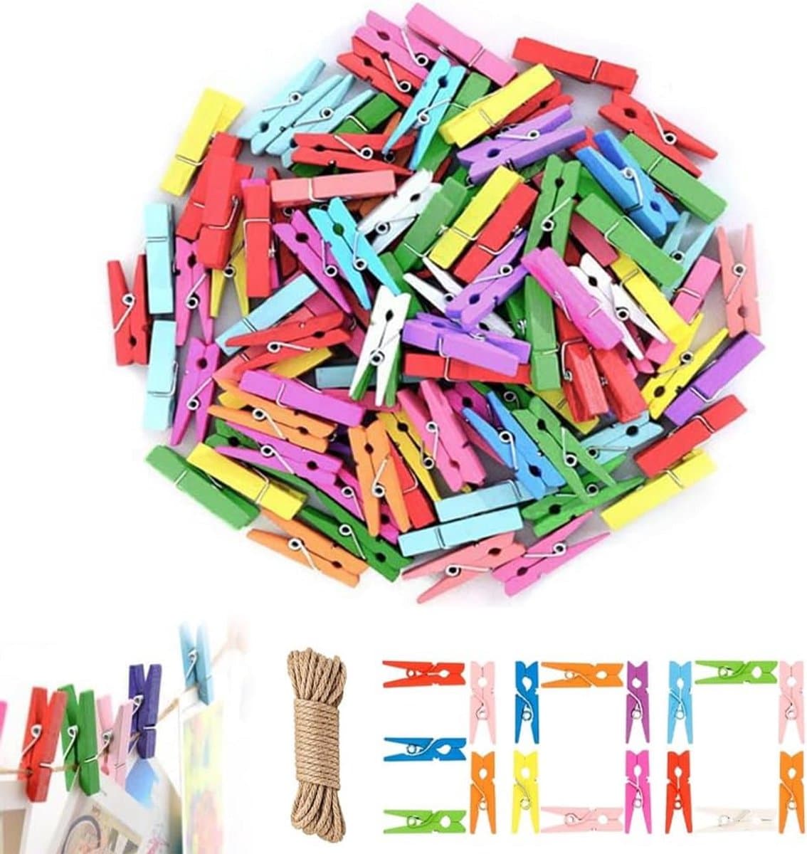 300 Kleine Houten Klemmetjes Kleurrijk met Jute Touw - Mini Knijpers voor Foto's, Kaarten & Decoratie — afbeelding 1