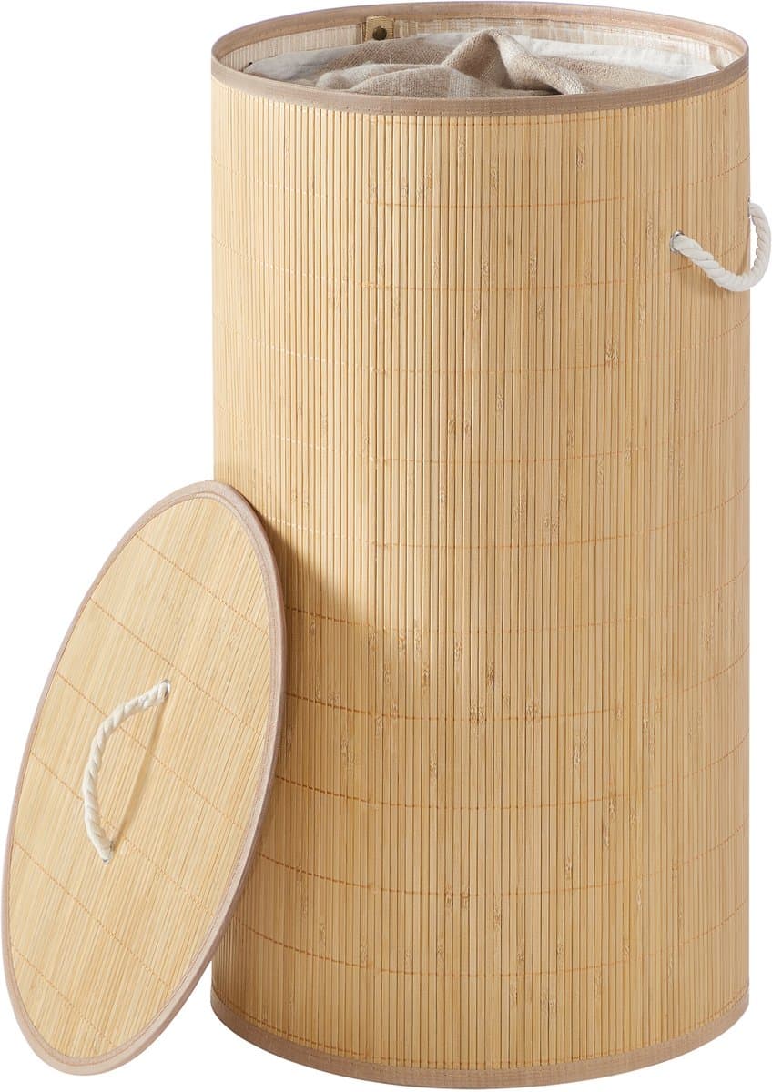 SONGMICS - Wasmand - Wasmand met Deksel - Bamboe - Opvouwbaar - Rond Design — afbeelding 1