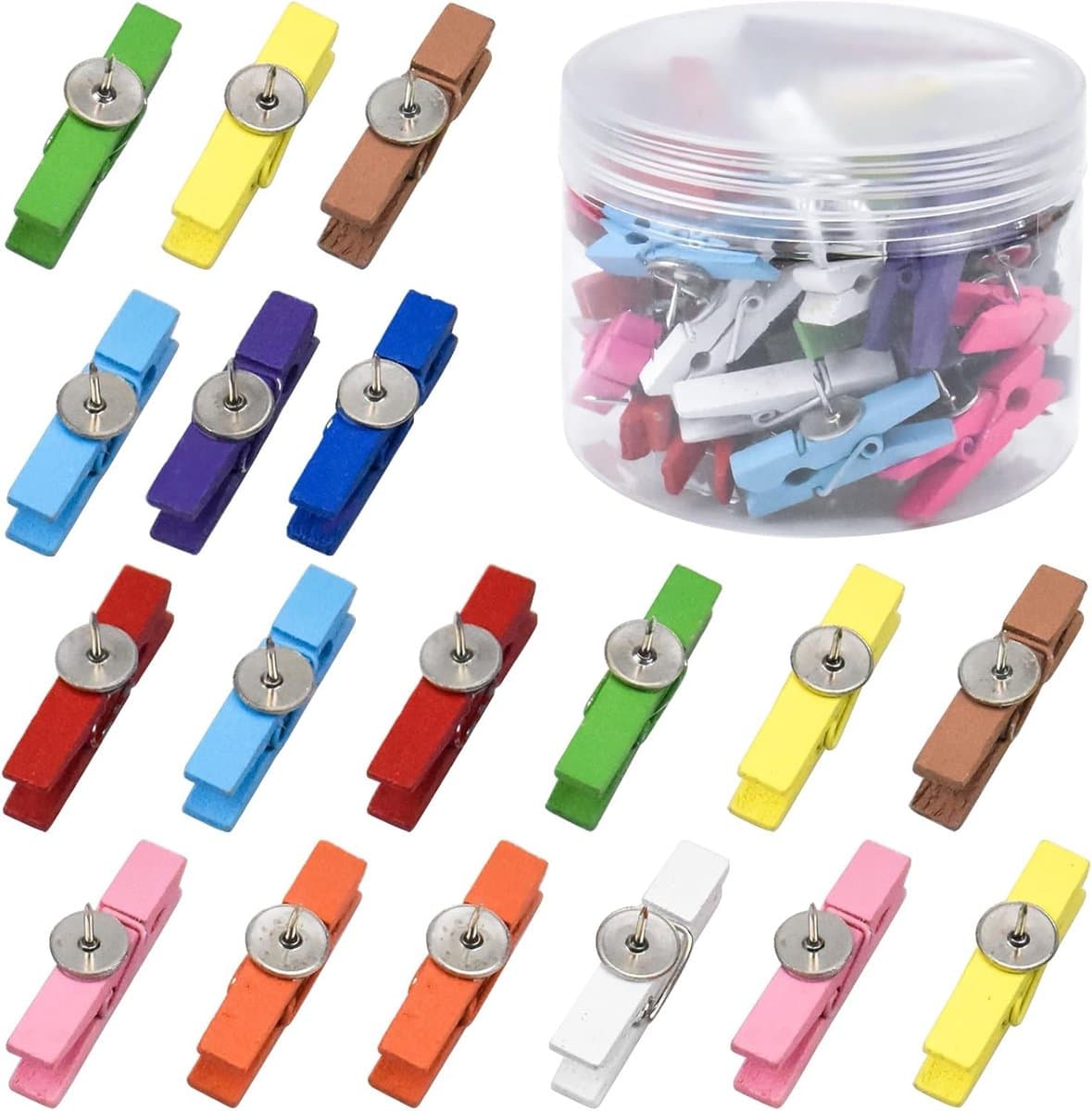 Houten Punaises Clips - Decoratieve Spelden - Foto's Bevestigen - Natuurlijk Hout Metaal - 3.4 cm Clip - Regenboog Kleuren — afbeelding 1