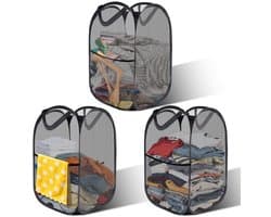 3x Opvouwbare wasmand 36x36x58 cm – Pop-up wasmand zwart – Draagbare wasgoed mand van netstof voor badkamer en camping